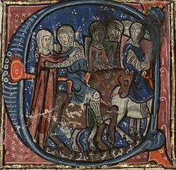 Ida neemt afscheid van haar zonen die op kruisvaart gaan, gravure uit 1295.